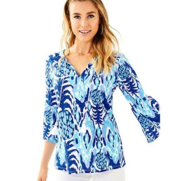 Lilly Pulitzer Tops - Lilly Pulitzer Del Lago Printed Tassel Flounce Sleeves Tunic Top M